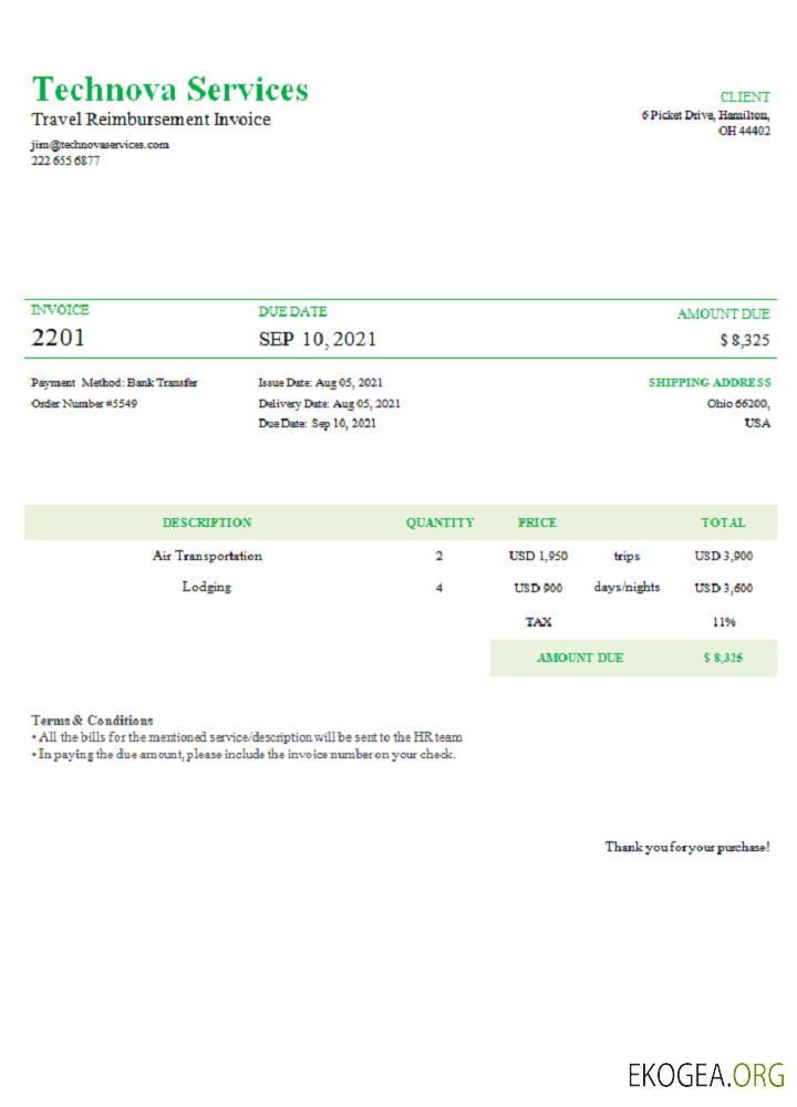 Facture Technova Services aux États , Unis